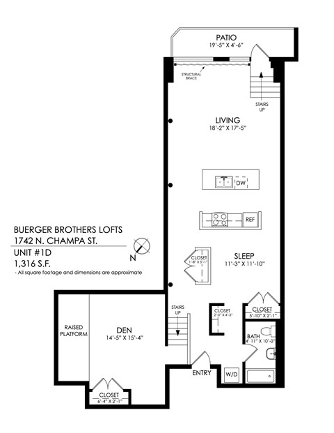 Floor plan for 2 beds, 1 bath, 1160 sqft